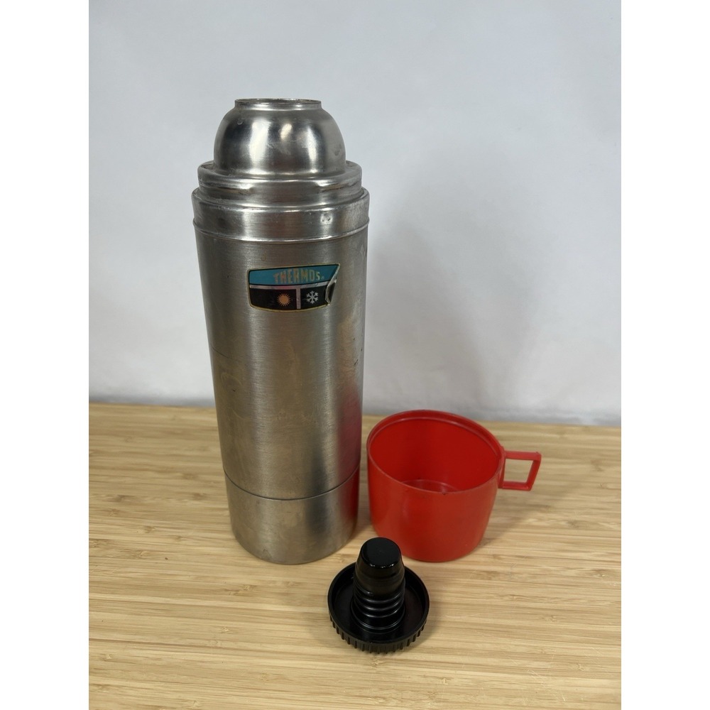 Vintage King Seeley Thermos 2464S Stainless Steel 1 Qt Vacuum Bottle USA Red Cup